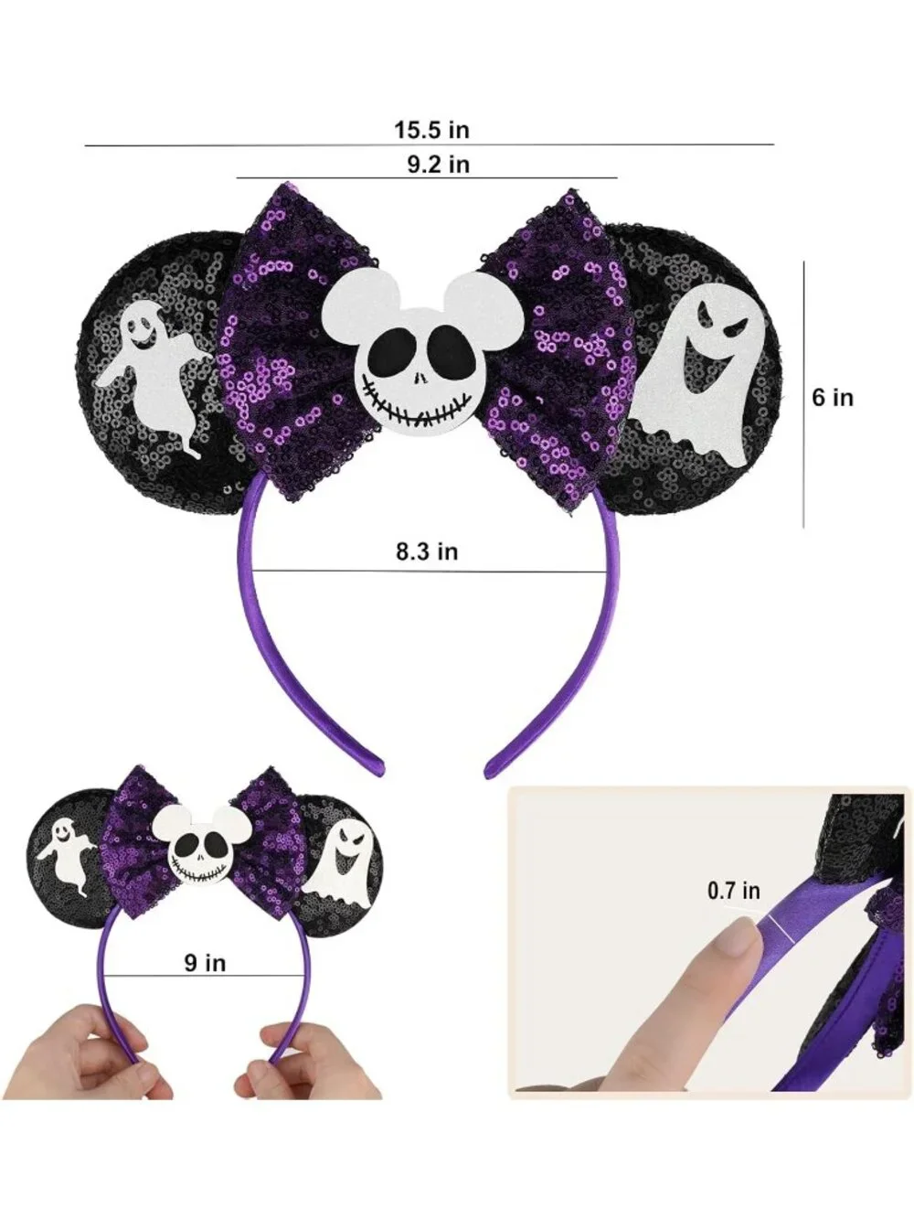 Women purple Black Sequin Handmade Mickey Mouse Headband 2 Pieces